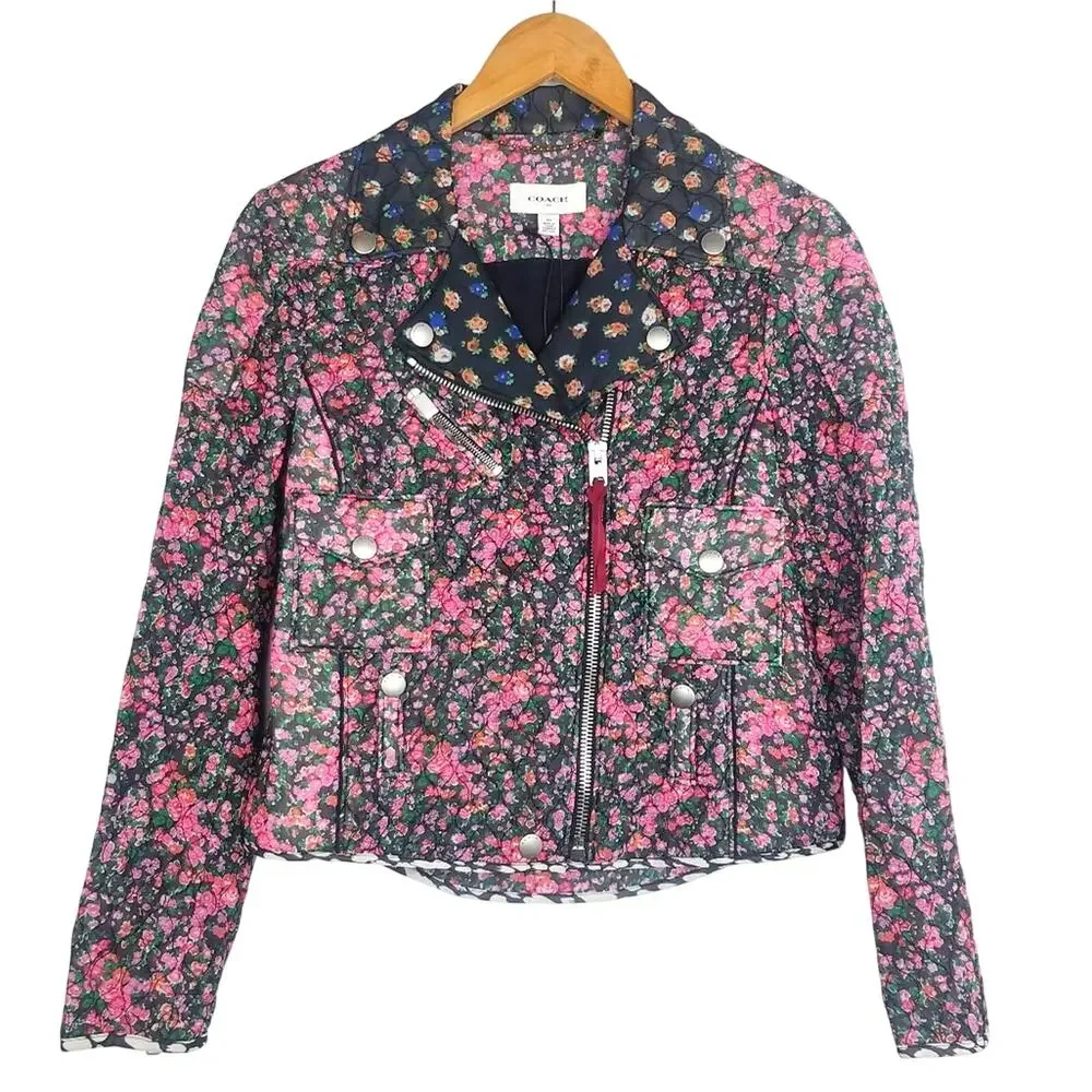 Coach Quilted Chiffon Floral Moto Jacket Pink Green XS New!
